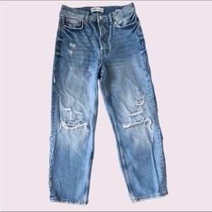 Zara High Waist Distressed Bliss Straight Jeans Blue Vintage Wash Ripped Effect